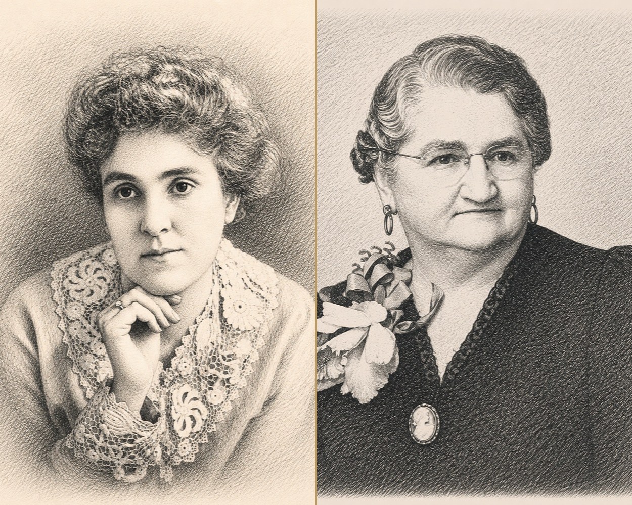 Illustrations of Olive McKay and May Arnold, the namesakes of Olive & May